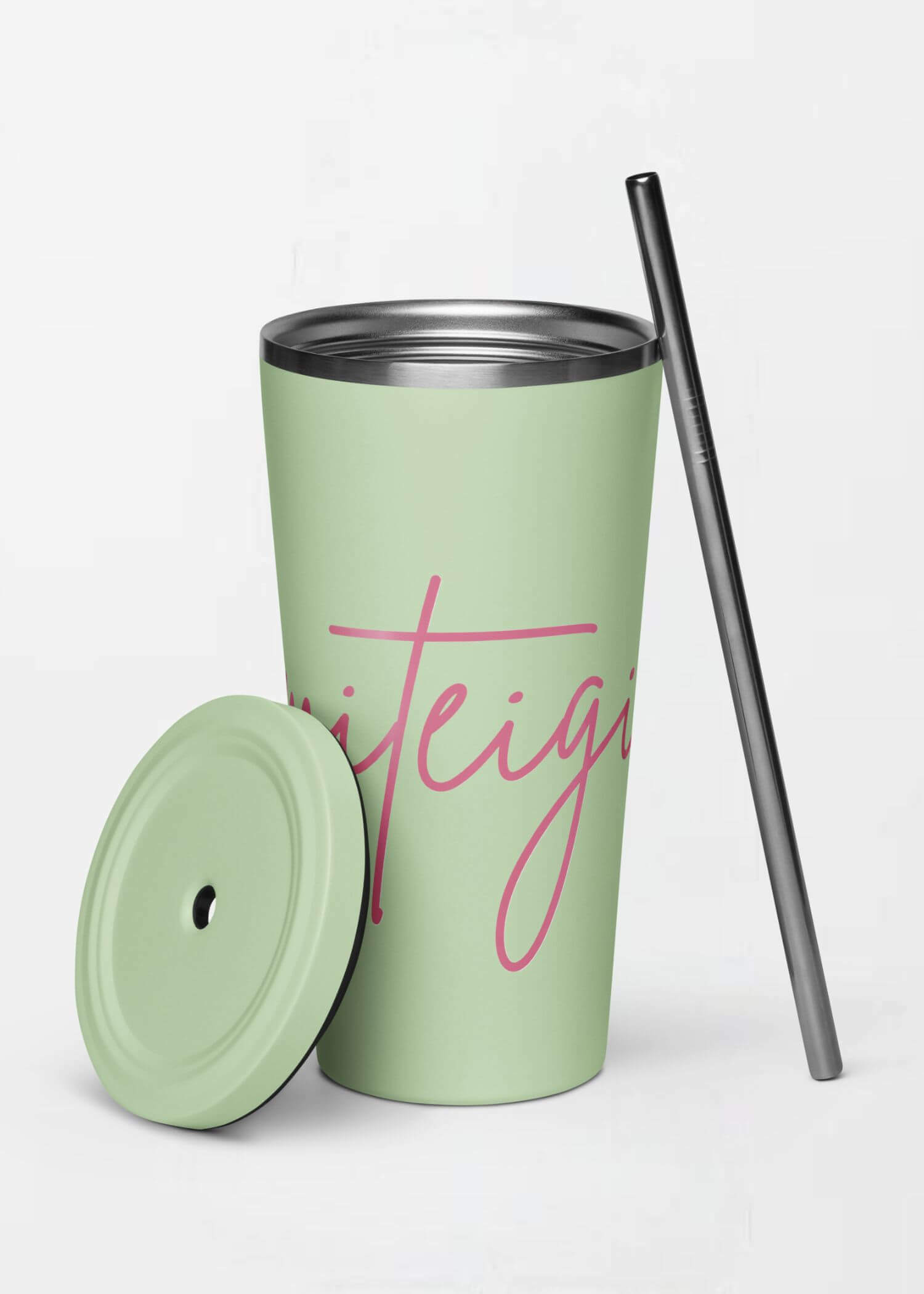 Insulated Tumbler with Straw miteigi Script Logo green   miteigi-logo design stainless steel wine, milk water drinks tumblers with lid and straw Outdoor sports fitness drinkware with pink pattern