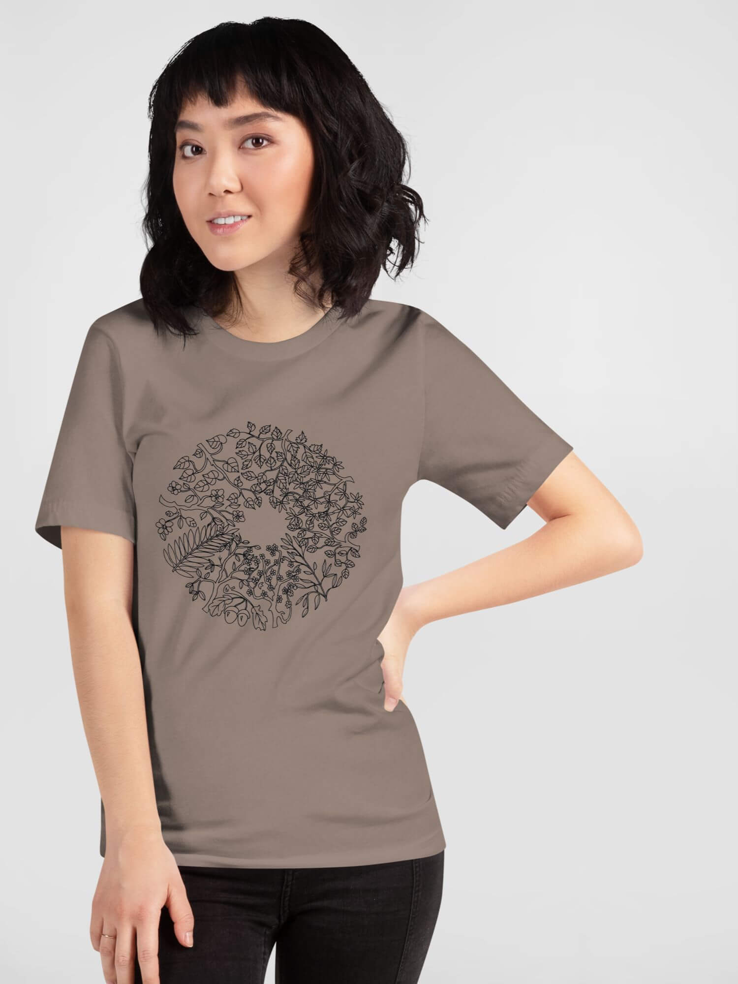 Floral Graphic T-Shirt    Genderful Women’s Short Sleeves o-neck leaf wreath Casual Solid Color womens crew neck round Tops T-Shirts for petite-, tall-, plus-, size woman tees in pebble brown with black ink flowers leaves design 