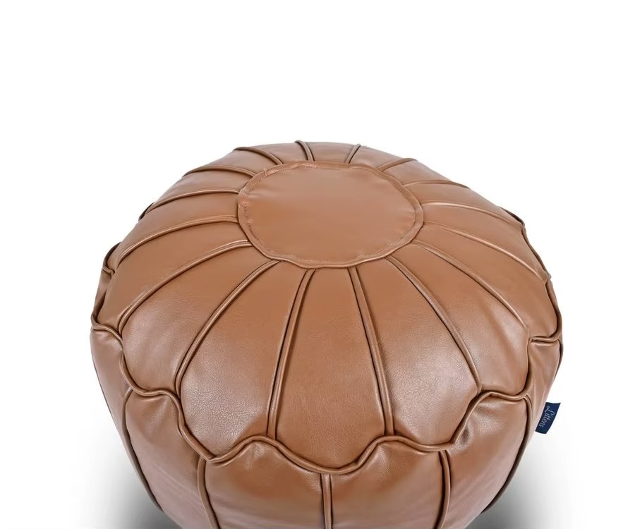 Office home Tan Brown Soft Faux Leather Round Moroccan Footstool Pouffe Bean Bag, Living Room Decorative Seat, Piped Detailing 50cm x 30cm