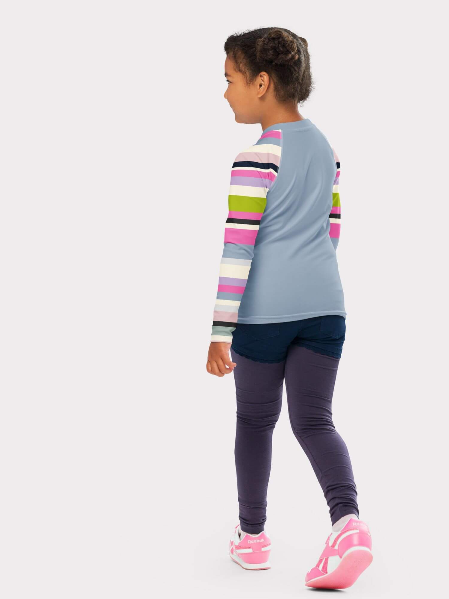 Kids Rash Guard  Girls long sleeves crewneck multi color T-Shirt for kid in dusk blue with rainbow stripes Multicoulored striped round crew neck tees Children’s Tops Petite-, tall-, plus- size o-neck T-shirts