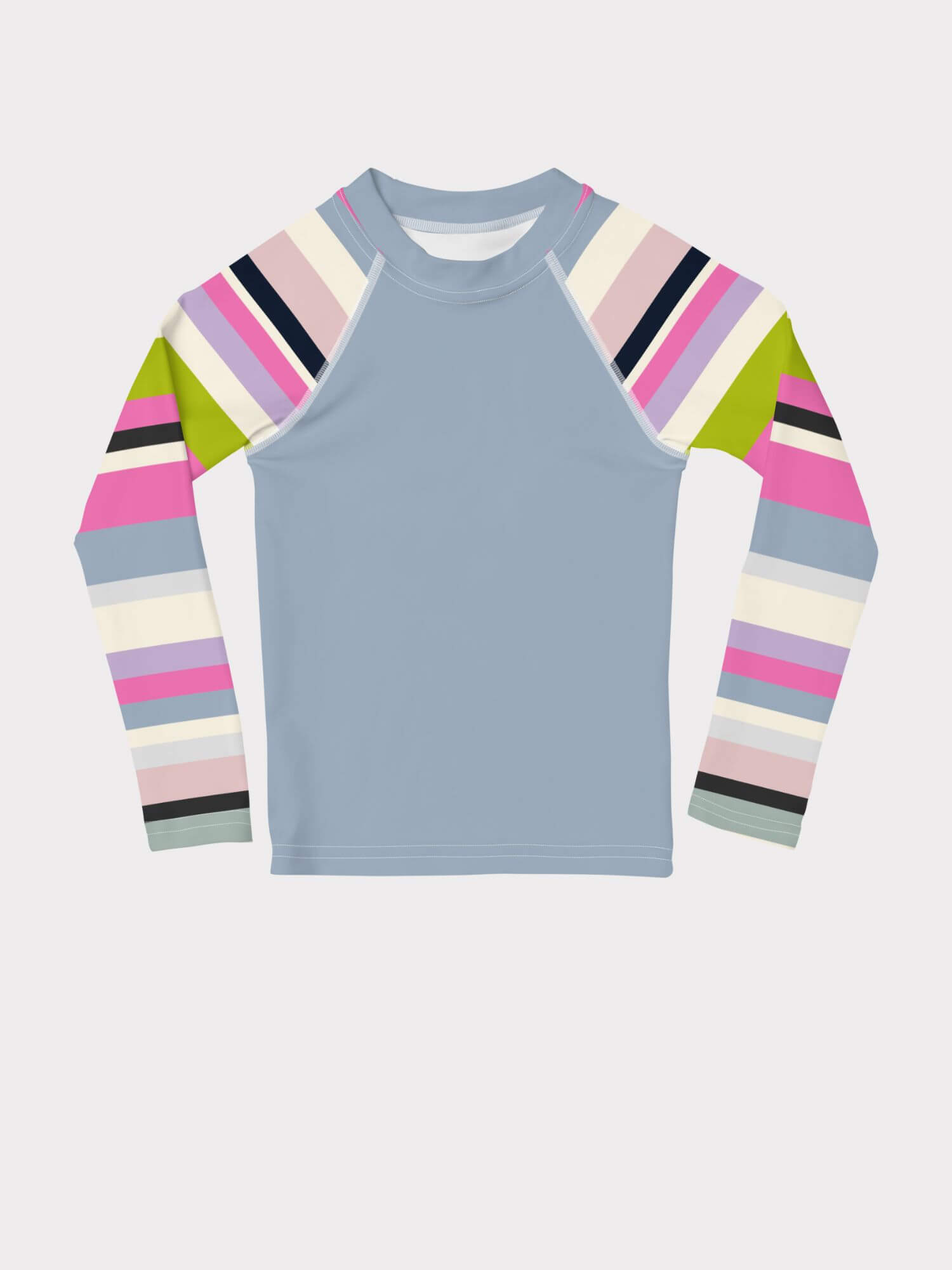 Kids Rash Guard  Girls long sleeves crewneck multi color T-Shirt for kid in dusk blue with rainbow stripes Multicoulored striped round crew neck tees Children’s Tops Petite-, tall-, plus- size o-neck T-shirts