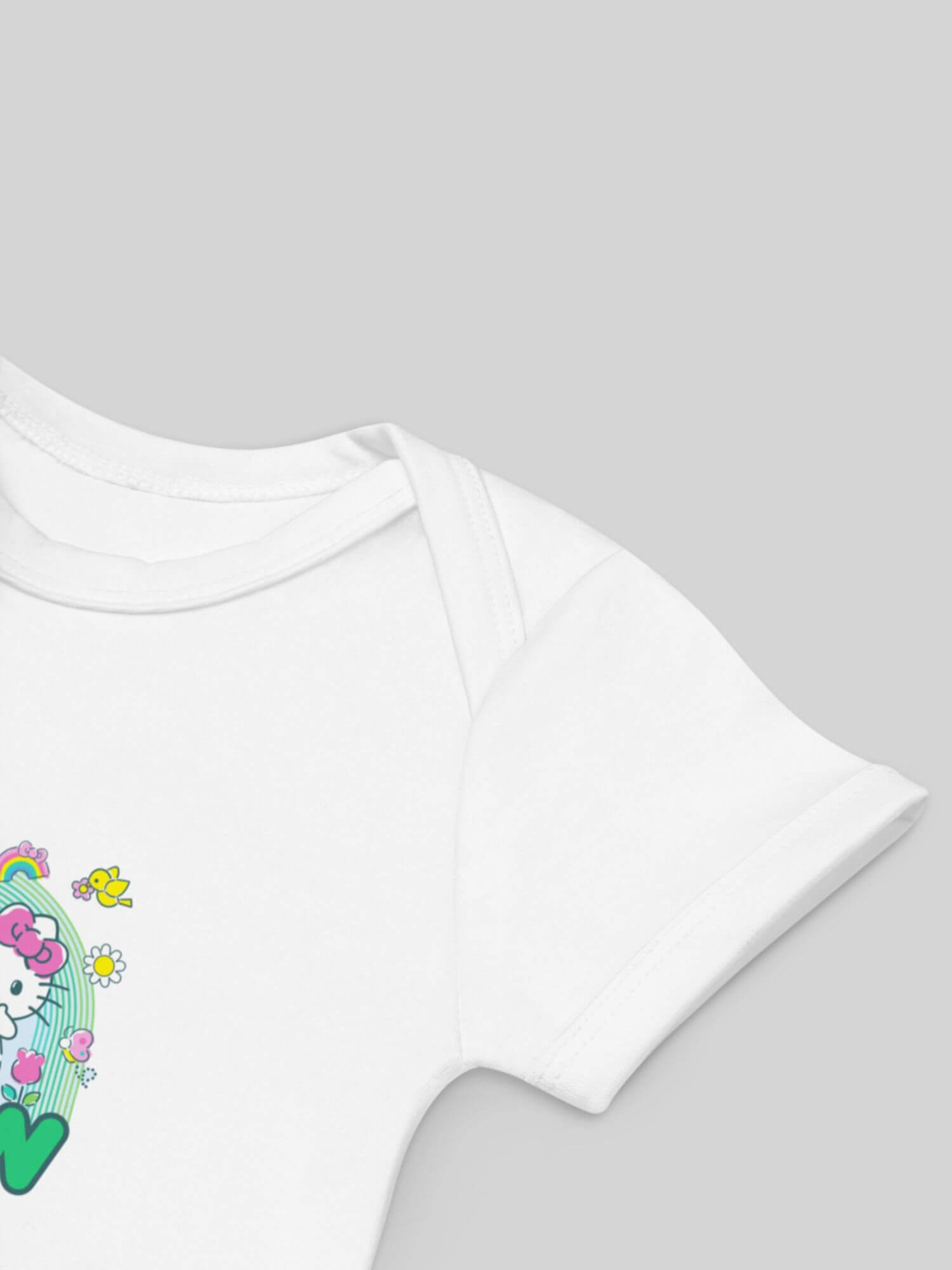 Baby Organic Cotton Bodysuit Hello Kitty flower pot LET’S GROW letter print cartoon animal short sleeves crewneck envelope neckline round o-neck three (3) button inseam snaps bottom closure one piece outfit in white with multi Babies crew neck Japanese bodysuits outfits Babybugz