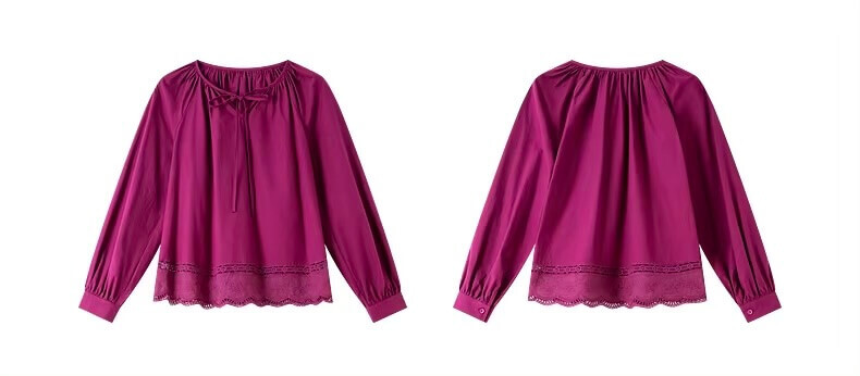 Women’s woman womens petite-, tall-, plus-, size 100%-Cotton Bohemia Boho Bohemian Spring Summer Autumn Long Sleeves Pure Cotton Loose boatneck v-neck Shirts Lace Splicing Hollow Out Hem Ladies bow tie-up Tops Blouses in burgundy grape wine-red