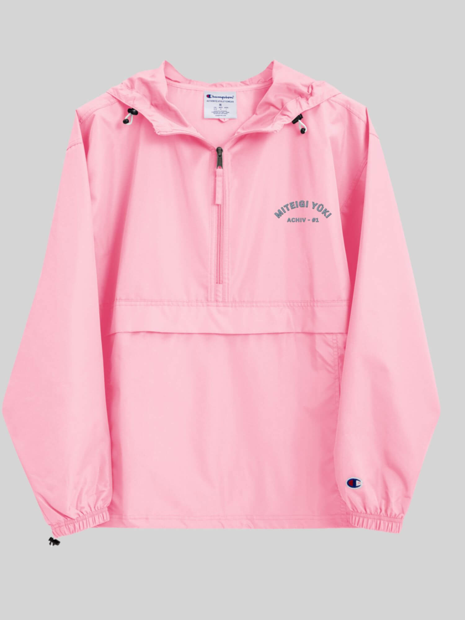 Champion x miteigi embroidered packable Jacket   Genderful Women’s Men’s long sleeves with elastic cuffs, draw cord hooded half zip neckline hidden zipper pouch pocket & kangaroo pouch pocket with drawstring hem for Man Woman in Candy pink Wind and water proof Jackets Mens Womens hiking camping outerwear