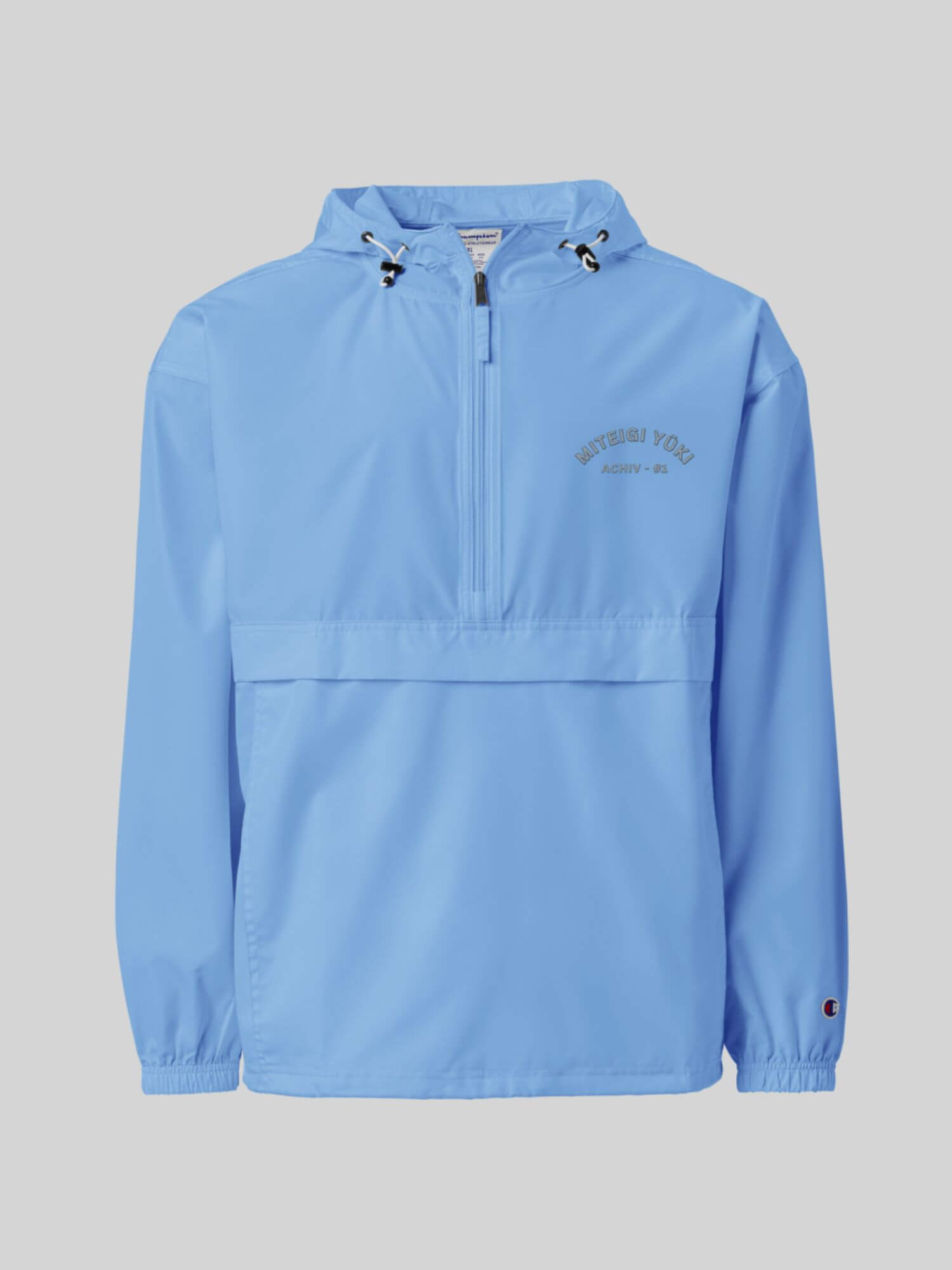 Champion x miteigi embroidered packable Jacket   Genderful Women’s Men’s long sleeves with elastic cuffs, draw cord hooded half zip neckline hidden zipper pouch pocket & kangaroo pouch pocket with drawstring hem for Man Woman in Light Blue Wind and water proof Jackets Mens Womens hiking camping outerwear 