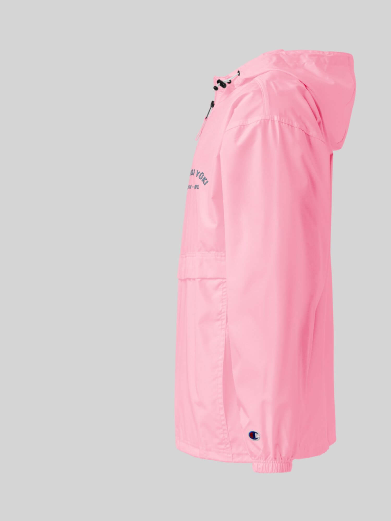 Champion x miteigi embroidered packable Jacket   Genderful Women’s Men’s long sleeves with elastic cuffs, draw cord hooded half zip neckline hidden zipper pouch pocket & kangaroo pouch pocket with drawstring hem for Man Woman in Candy pink Wind and water proof Jackets Mens Womens hiking camping outerwear 