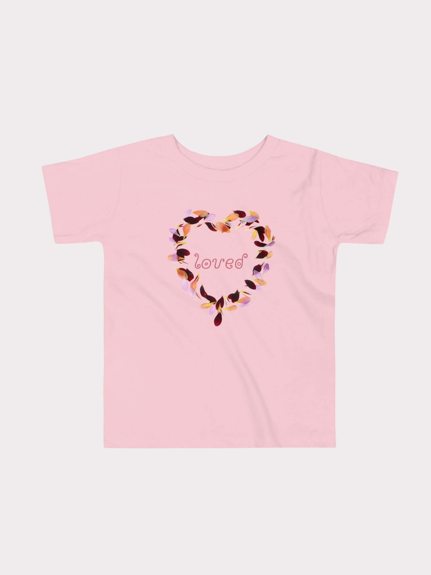 Toddler Loved T-Shirt   Girls floral heart loved letters characters cartoon design crew neck round o-neck short sleeves Tops for girl in pink with multi flowers love hearts design T-shirts Toddlers illustrated graphic Tees