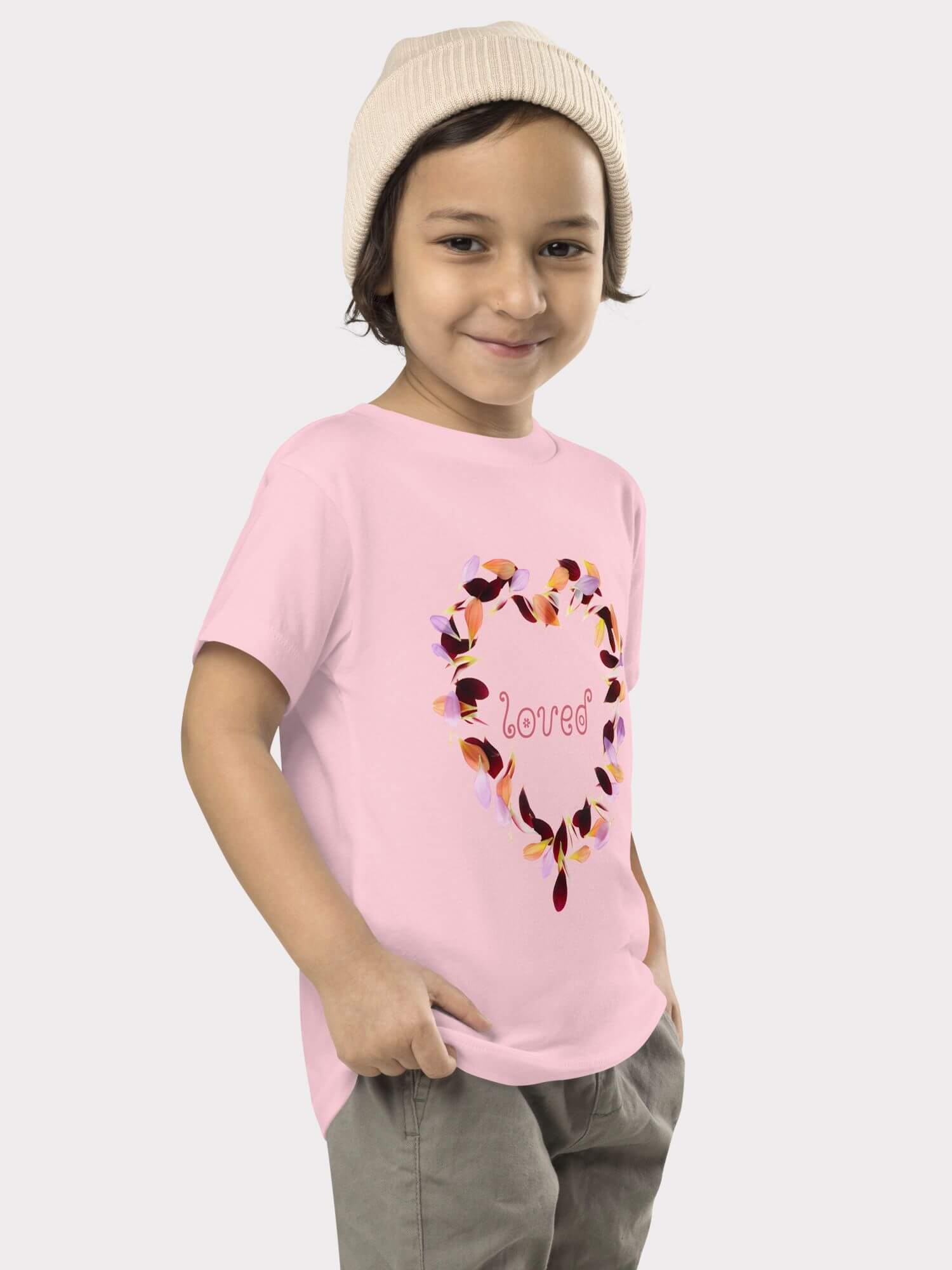 Toddler Loved T-Shirt   Girls floral heart loved letters characters cartoon design crew neck round o-neck short sleeves Tops for girl in pink with multi flowers love hearts design T-shirts Toddlers illustrated graphic Tees