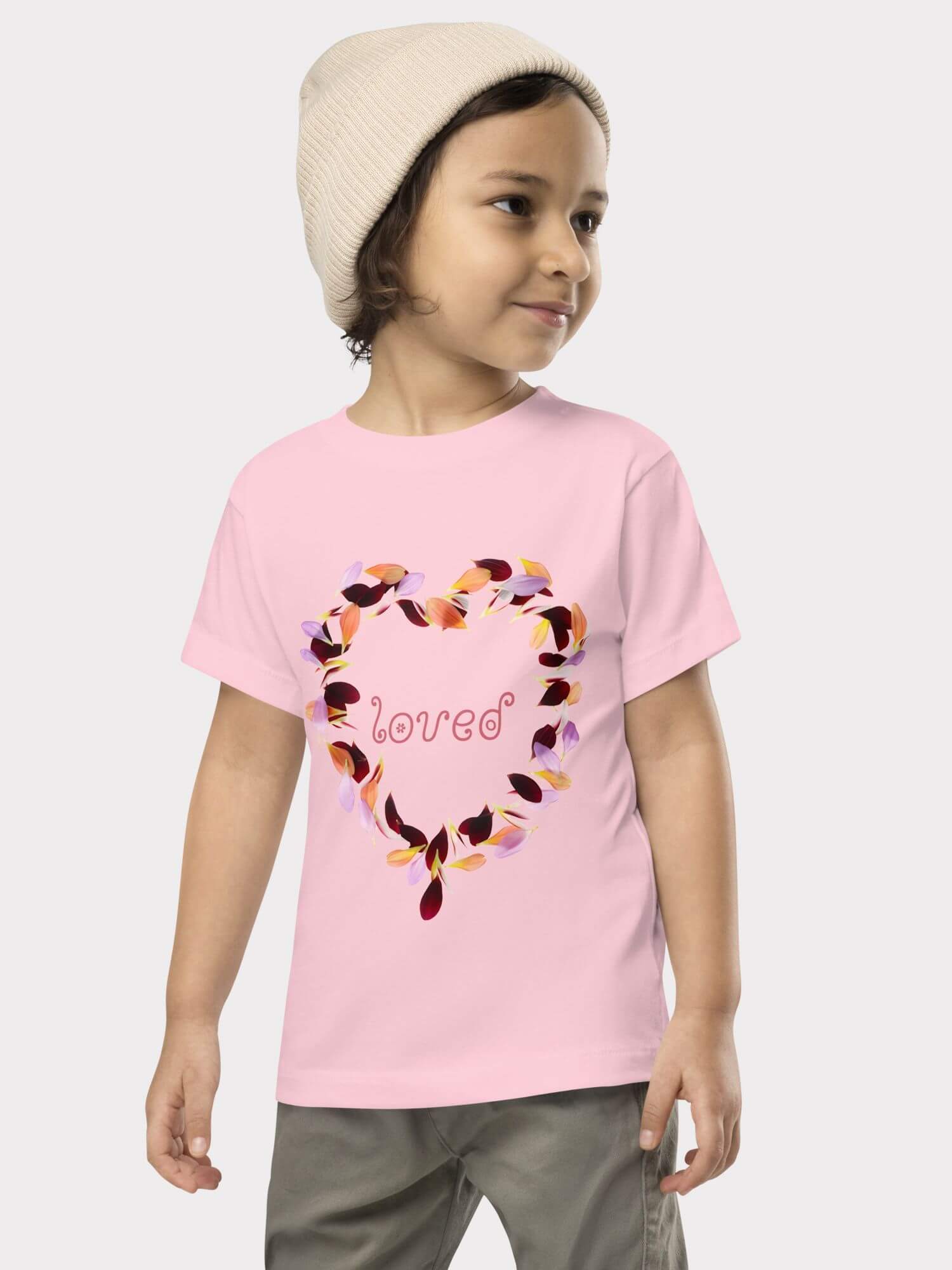 Toddler Loved T-Shirt   Girls floral heart loved letters characters cartoon design crew neck round o-neck short sleeves Tops for girl in pink with multi flowers love hearts design T-shirts Toddlers illustrated graphic Tees