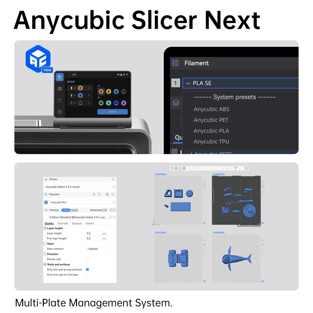 Anycubic Kobra S1 Combo Multi-Color 3D Printer Max Speed 600mm/s Core XY Stable Structure High Precision 3D Printers in Gray grey