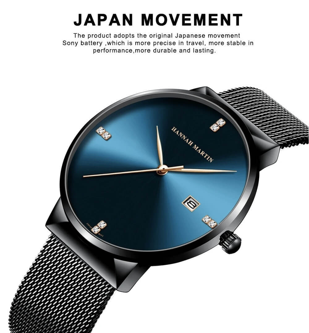 Japanese Original Quartz Movement Luxury Rhinestone 40mm Blue Black Business Style Casual Fashion Stainless Steel Watches in Blue, with black, Black, with golden lettering, Black, with white lettering, Silver face colors
