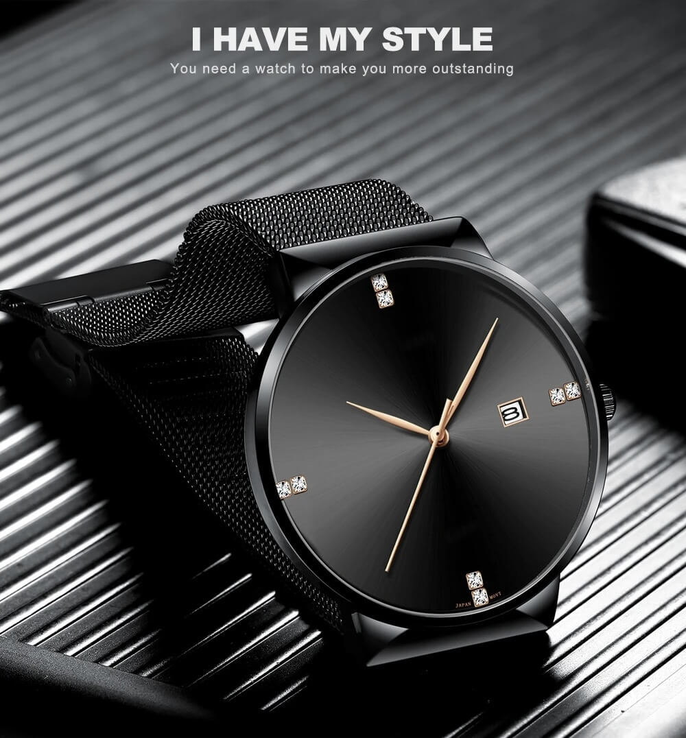 Japanese Original Quartz Movement Luxury Rhinestone 40mm Blue Black Business Style Casual Fashion Stainless Steel Watches in Blue, with black, Black, with golden lettering, Black, with white lettering, Silver face colors