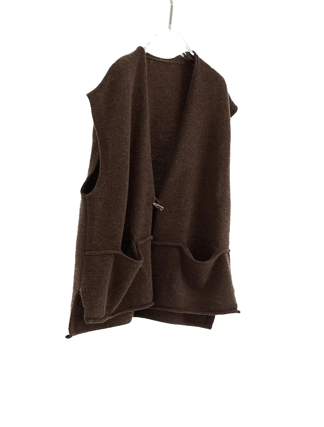 Women&rsquo;s woman womens petite-, tall-, plus-, size Light Luxury High-quality Elegant evening party club wfh office commute work wear sleeveless  V-Neck patch pockets single horn button-up 100% pure wool cardigan Vest Woolen Fashion workwear sweater cardigans Vests in coffee Brown
