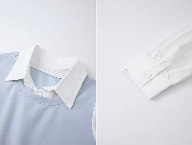 Women&rsquo;s woman womens petite-, tall-, plus-, size Faux Two-Piece Pullover Spring summer office commute wfh workwear Fashion Color Block Tie Waist Knitted Shirt Crew V-Neck boatneck sweater-shirt Casual Tops sweater shirts 2-Piece in pastel light blue with white