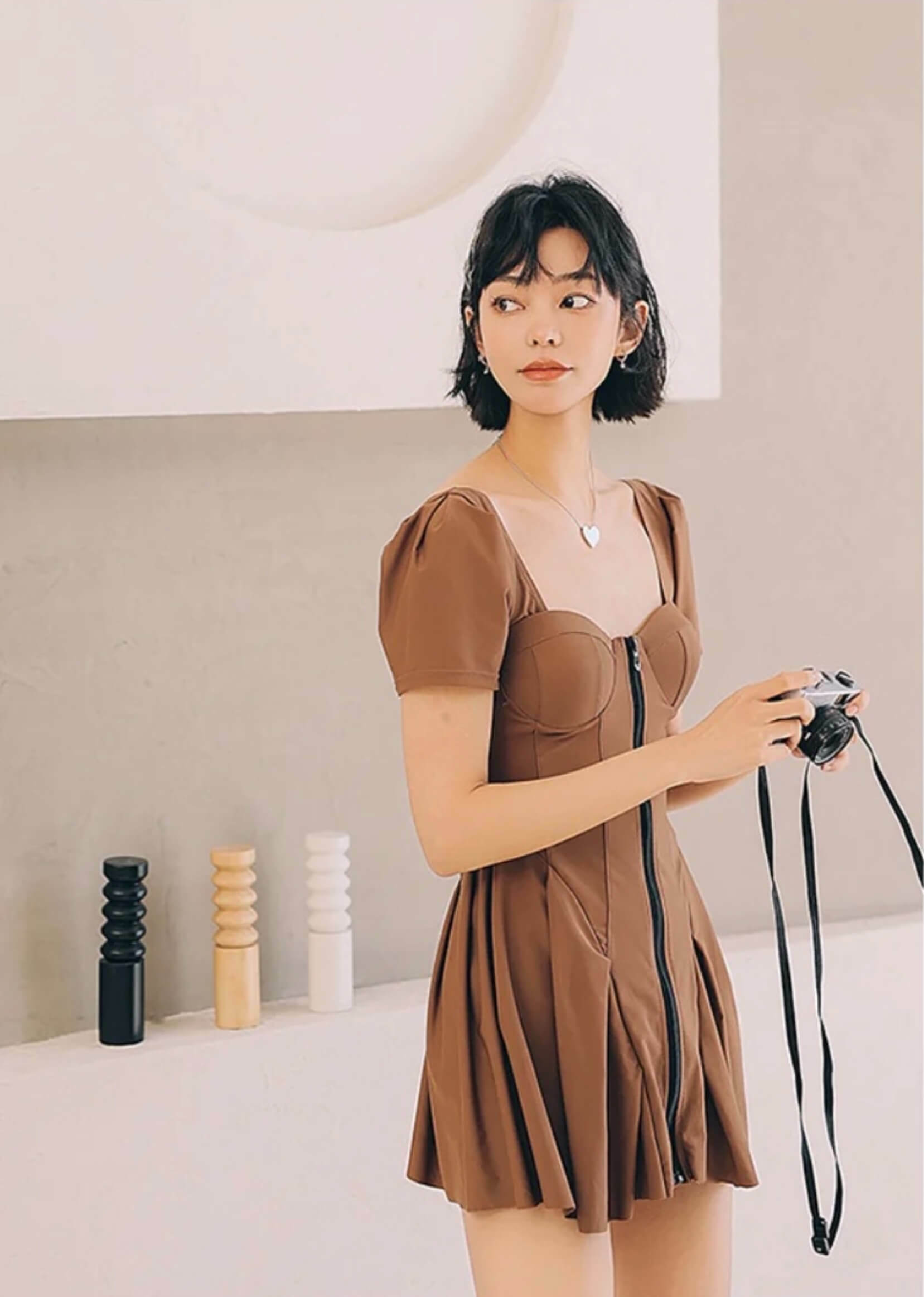 One-Piece Skirt Swimsuit  Women's Small Chest Coverup Looks Thin Squareneck U-neck Solid Swimsuits for woman in khaki brown Hot Spring summer womens plus size skirts beach swimwear dresses Fashion