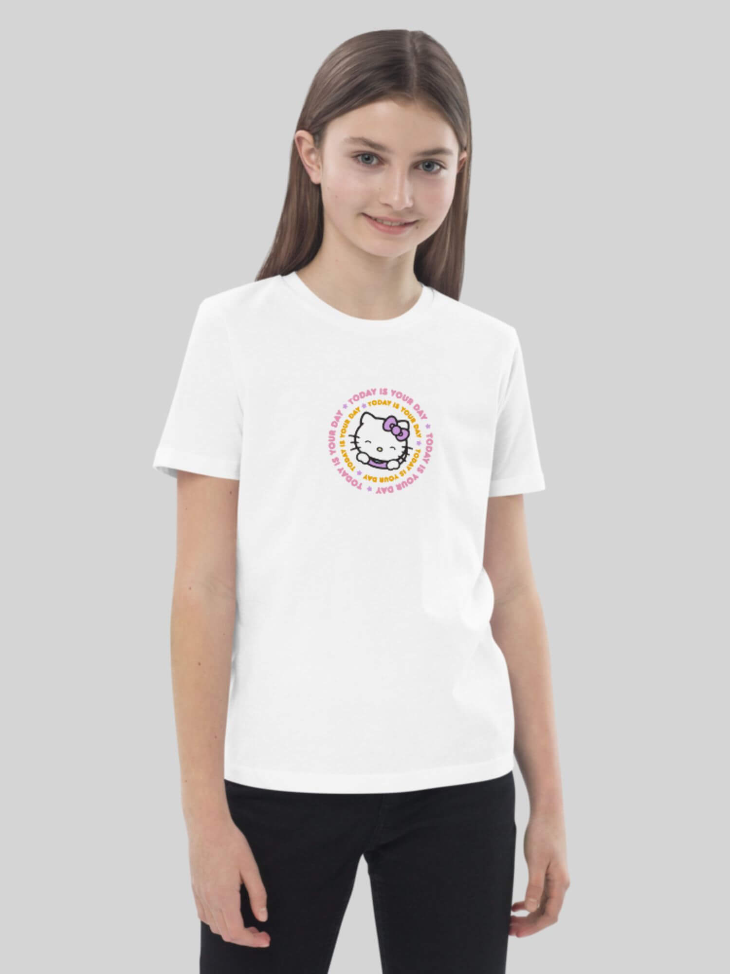 Kids Hello Kitty Organic Cotton T-Shirt    Girls TODAY IS YOUR DAY letter print profile short sleeves crew neck T-shirts for girl Round o-neck tops Children’s petite-, tall-, plus-, size tees