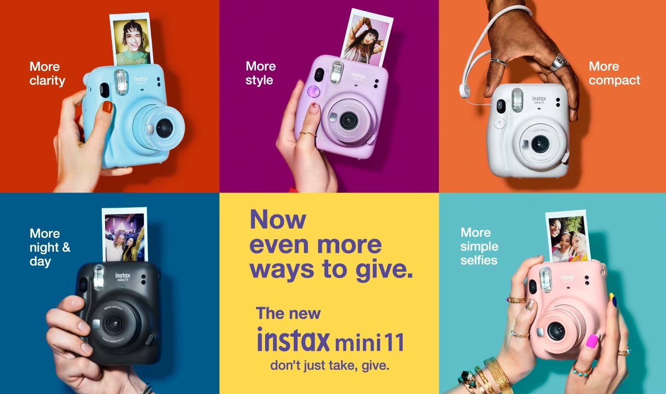 Original Fujifilm Instax Mini 11 Instant Camera Kit with 40 sheets mini film paper camera shoulder strap bag Party vacation getaway holiday accessories bundle kits in Lilac Purple, Blush Pink, Sky Blue, White, Black