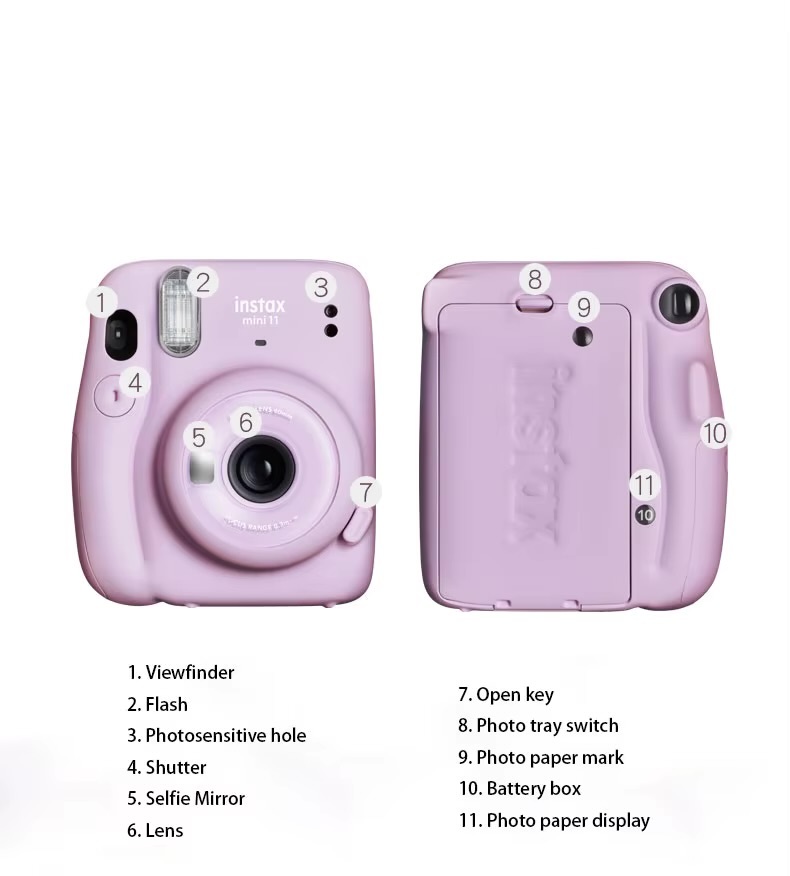 Original Fujifilm Instax Mini 11 Instant Camera Kit with 40 sheets mini film paper camera shoulder strap bag Party vacation getaway holiday accessories bundle kits in Lilac Purple, Blush Pink, Sky Blue, White, Black