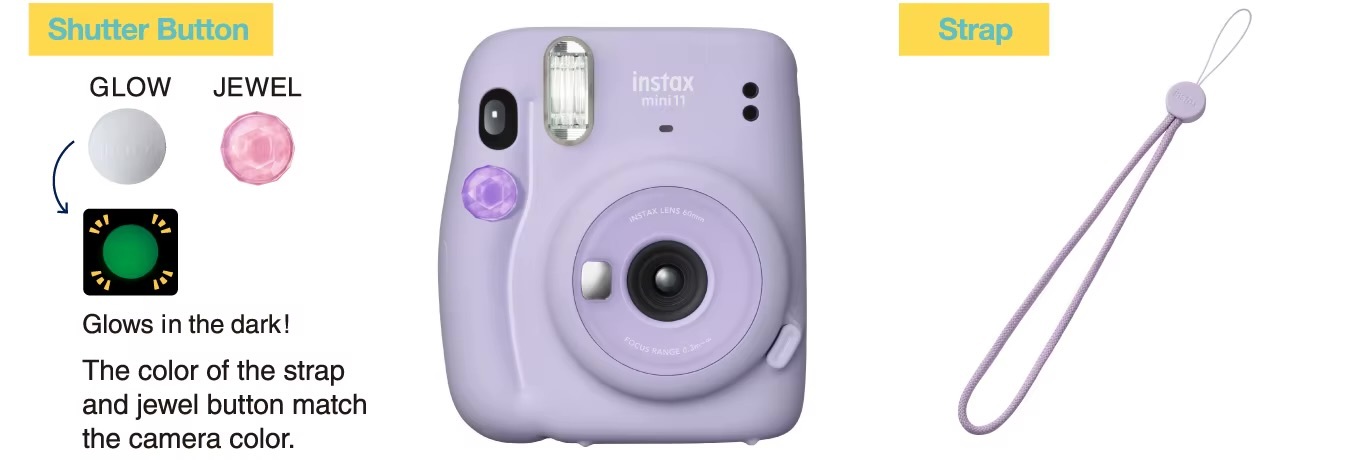 Original Fujifilm Instax Mini 11 Instant Camera Kit with 40 sheets mini film paper camera shoulder strap bag Party vacation getaway holiday accessories bundle kits in Lilac Purple, Blush Pink, Sky Blue, White, Black