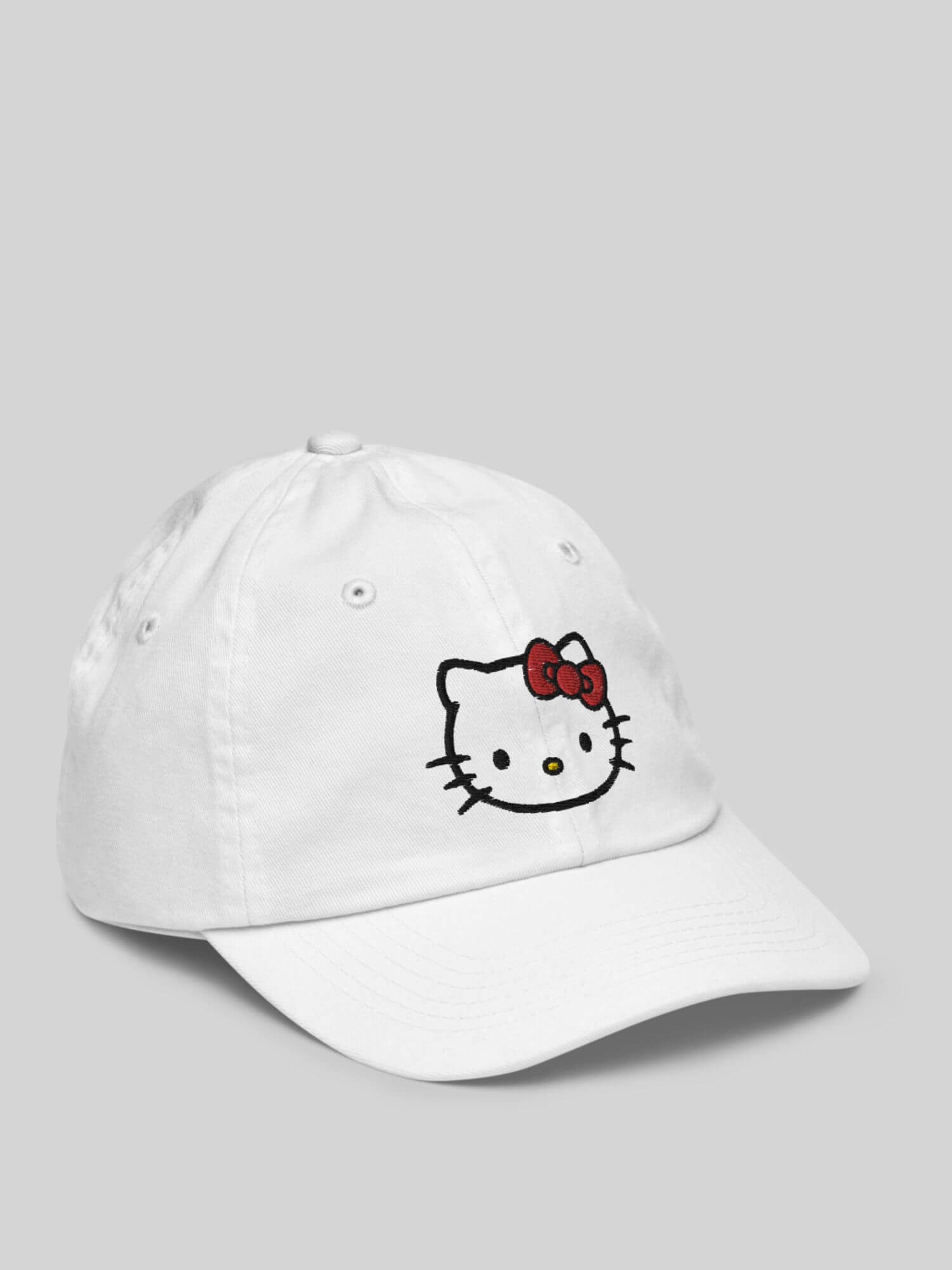 Kids Kitty Baseball Hat    Genderful unisex anywear boys girls Hello Kitty face profile 100% cotton embroidered caps in white with cartoon design Boy Girl Low profile embroidery Children’s valucap hats in white