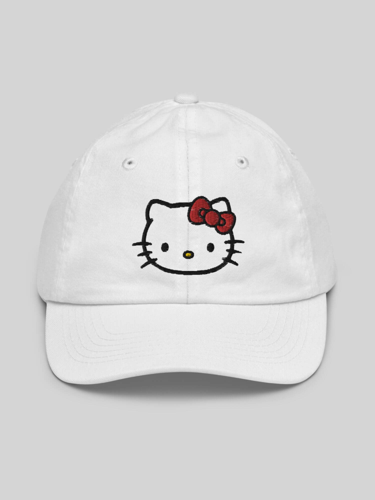 Kids Kitty Baseball Hat    Genderful unisex anywear boys girls Hello Kitty face profile 100% cotton embroidered caps in white with cartoon design Boy Girl Low profile embroidery Children’s valucap hats in white