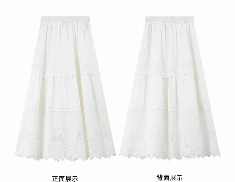 Women’s woman womens Bohemian Boho petite-, tall-, plus-, size Spring Summer Elegant Vacation holiday getaway Lace Trim Tiered Design Sense Casual Umbrella elasticated high rise waistline irregular hem A-Line ankle-length Midi Skirts in white