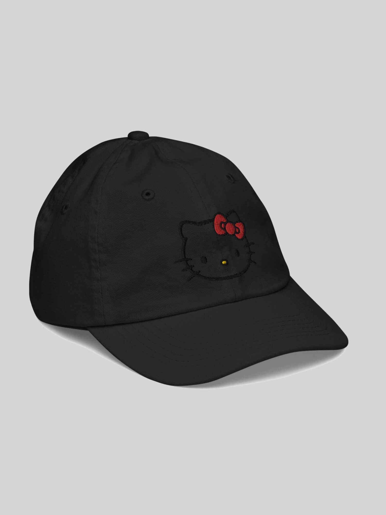 Kids Kitty Baseball Hat    Genderful unisex anywear boys girls Hello Kitty face profile 100% cotton embroidered caps in white with cartoon design Boy Girl Low profile embroidery Children’s valucap hats in black