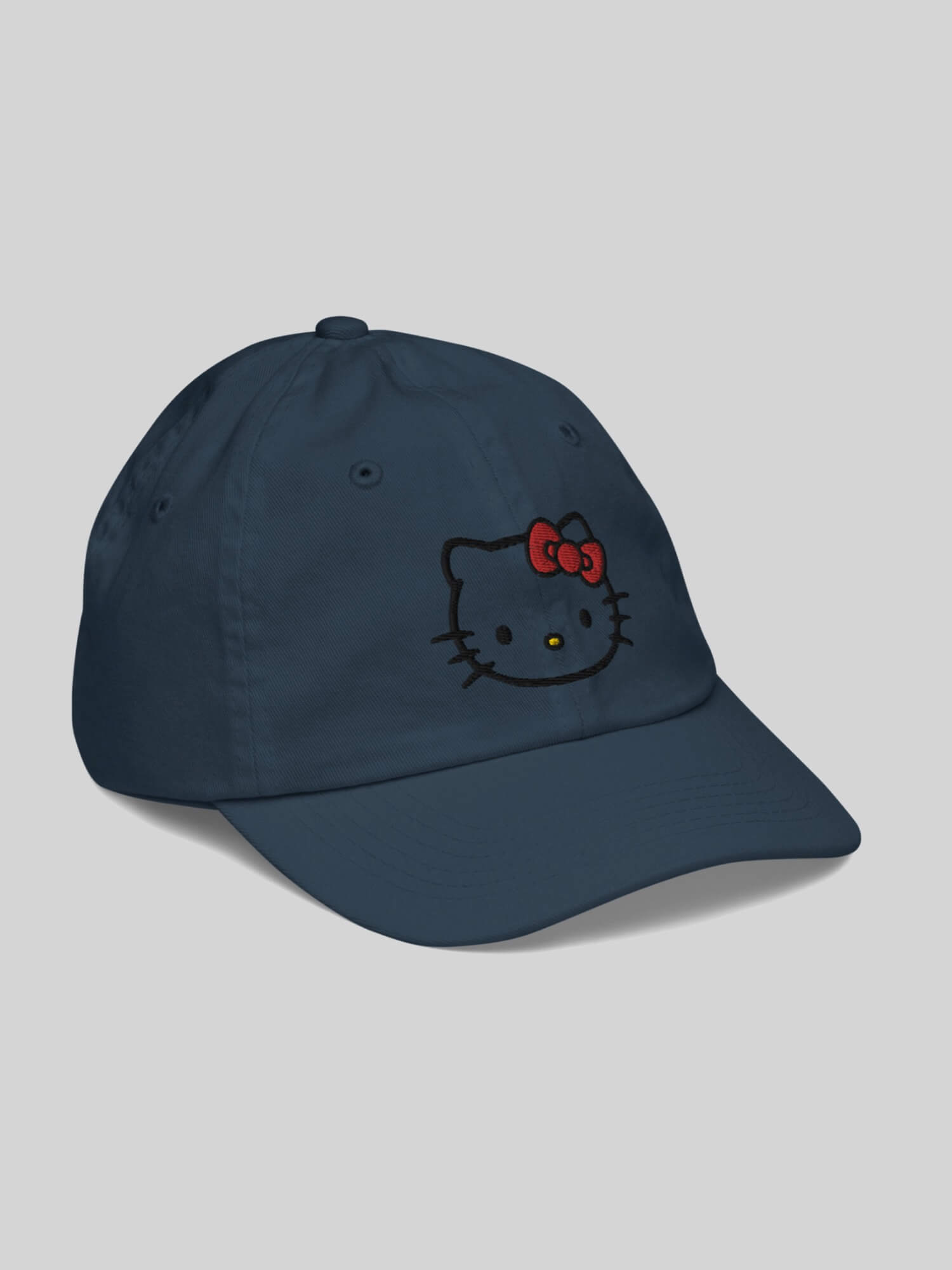 Kids Kitty Baseball Hat    Genderful unisex anywear boys girls Hello Kitty face profile 100% cotton embroidered caps in white with cartoon design Boy Girl Low profile embroidery Children’s valucap hats in navy blue