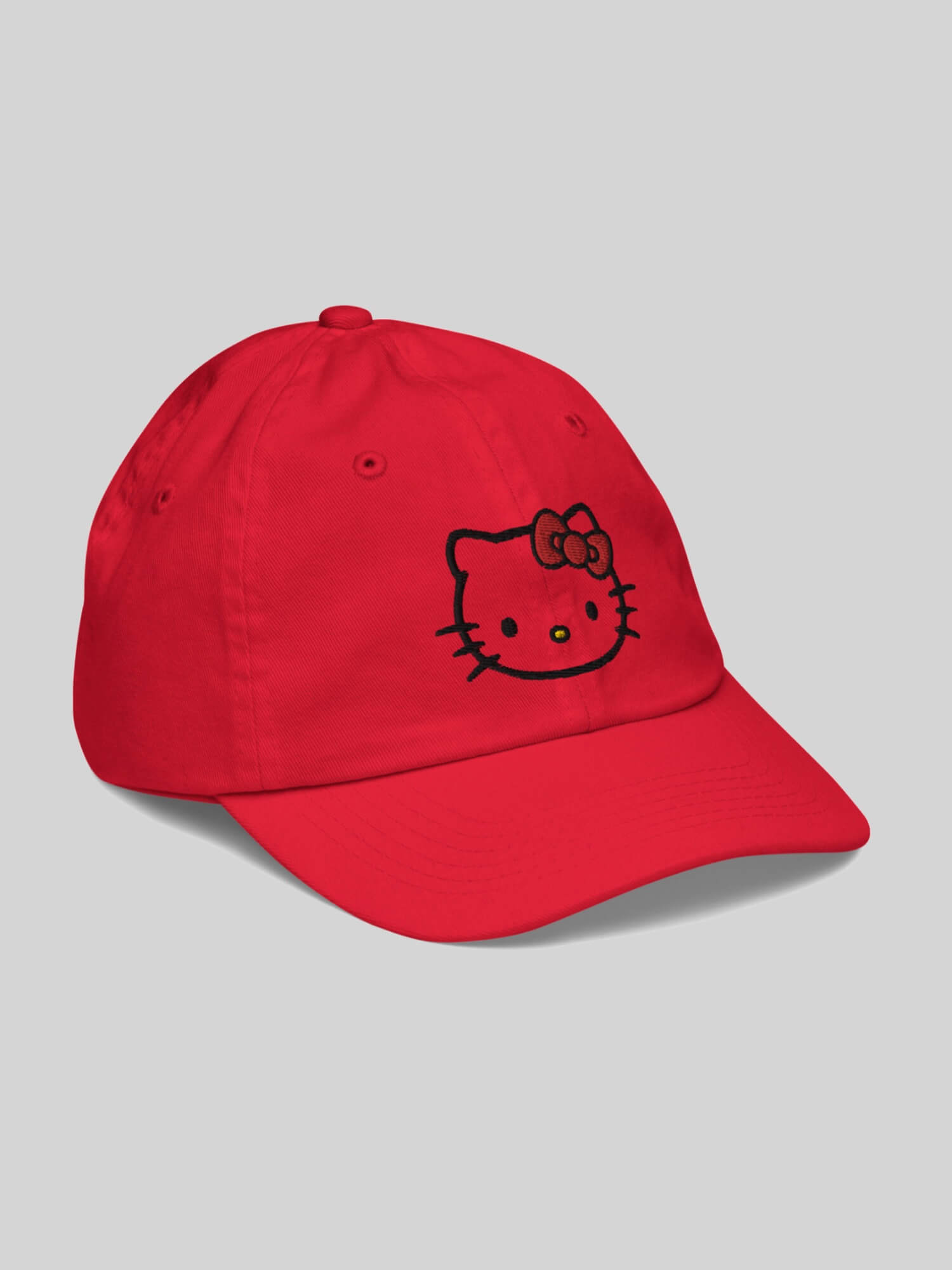 Kids Kitty Baseball Hat    Genderful unisex anywear boys girls Hello Kitty face profile 100% cotton embroidered caps in white with cartoon design Boy Girl Low profile embroidery Children’s valucap hats in red