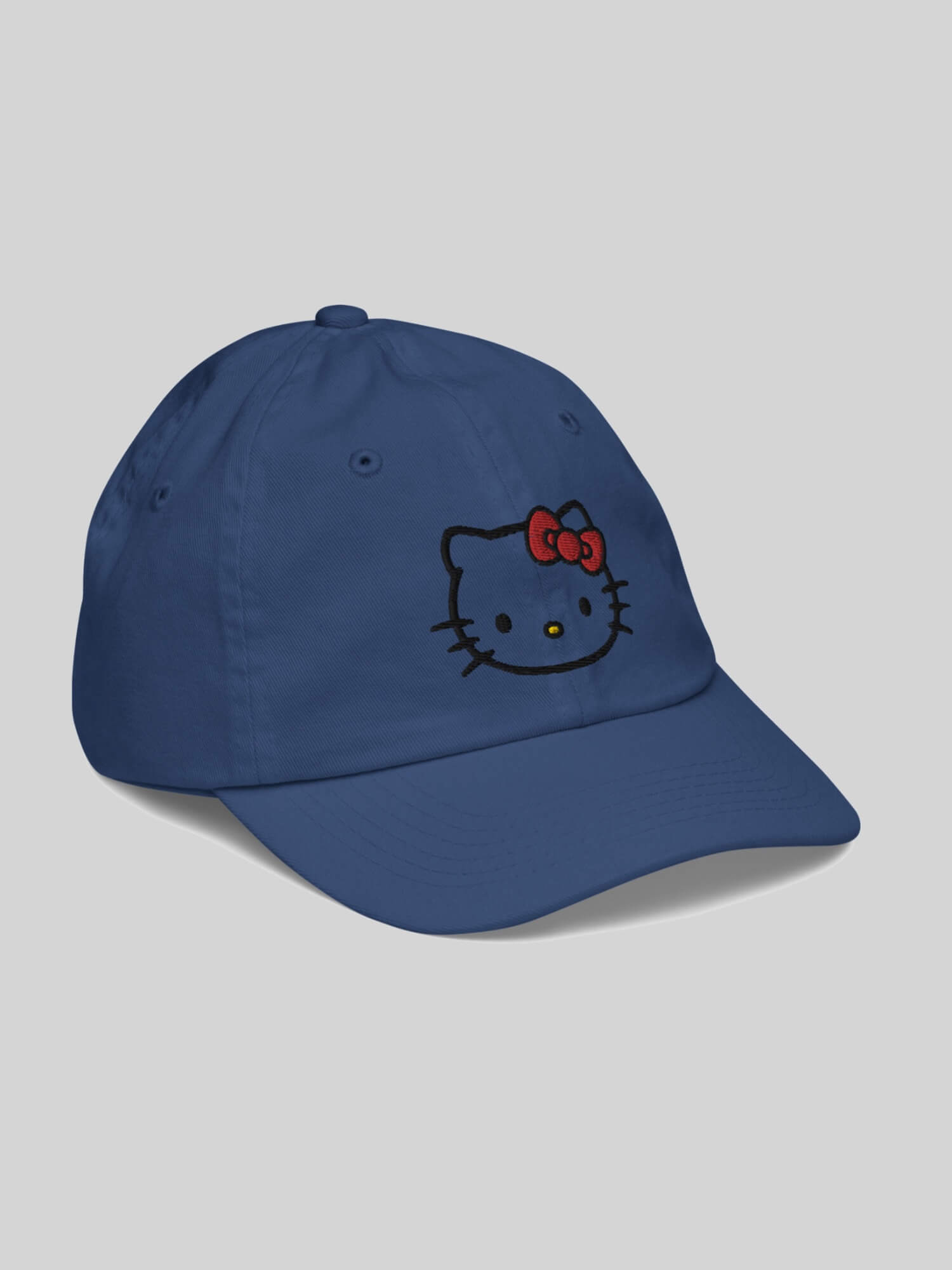 Kids Kitty Baseball Hat    Genderful unisex anywear boys girls Hello Kitty face profile 100% cotton embroidered caps in white with cartoon design Boy Girl Low profile embroidery Children’s valucap hats in royal blue