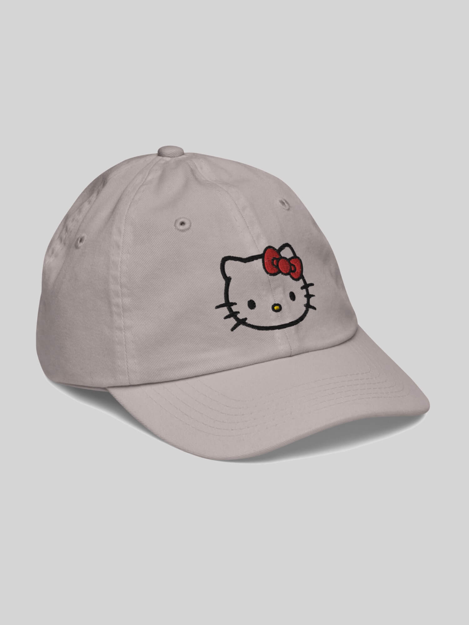 Kids Kitty Baseball Hat    Genderful unisex anywear boys girls Hello Kitty face profile 100% cotton embroidered caps in white with cartoon design Boy Girl Low profile embroidery Children’s valucap hats in gray grey