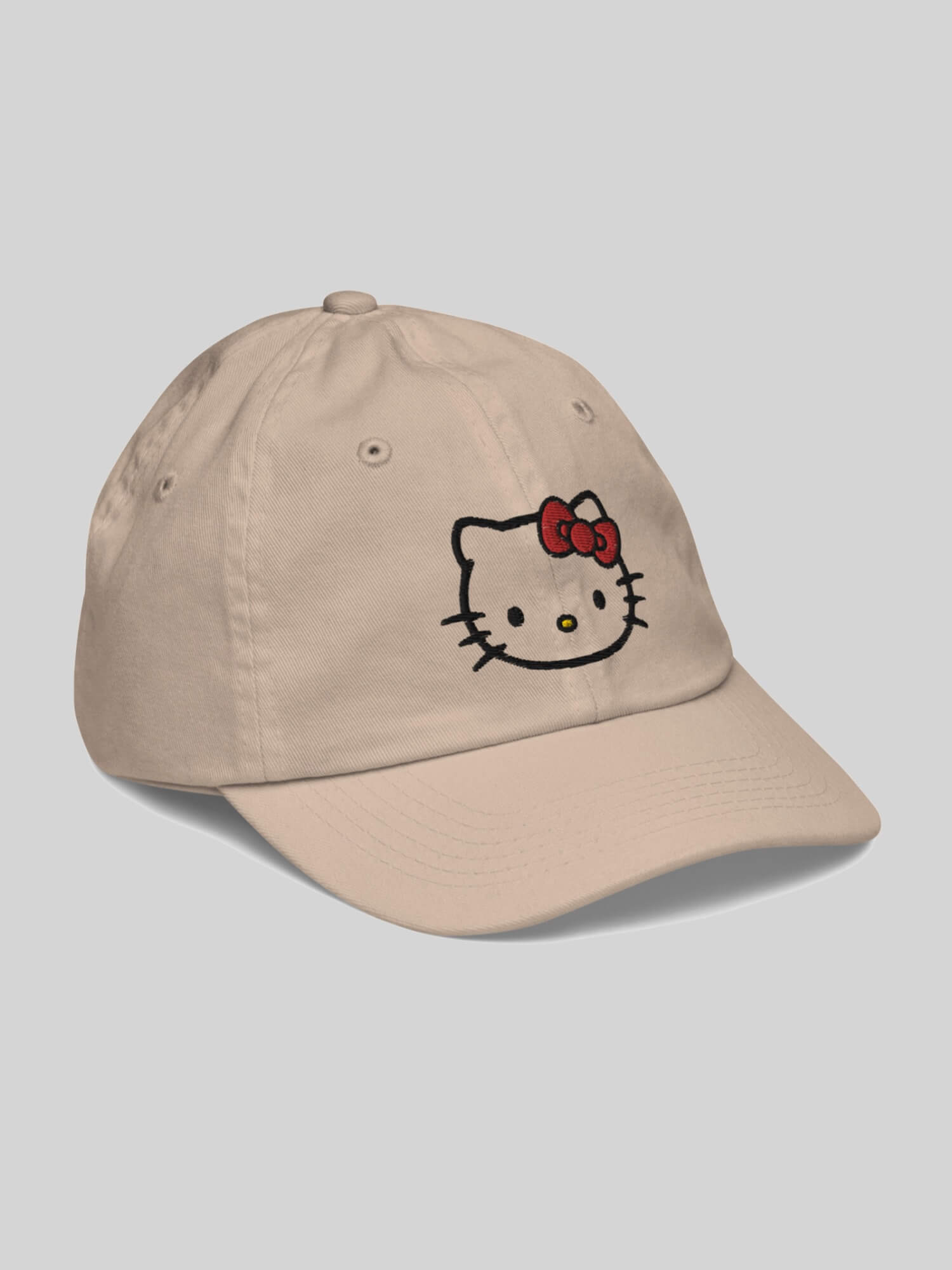 Kids Kitty Baseball Hat    Genderful unisex anywear boys girls Hello Kitty face profile 100% cotton embroidered caps in white with cartoon design Boy Girl Low profile embroidery Children’s valucap hats in khaki beige