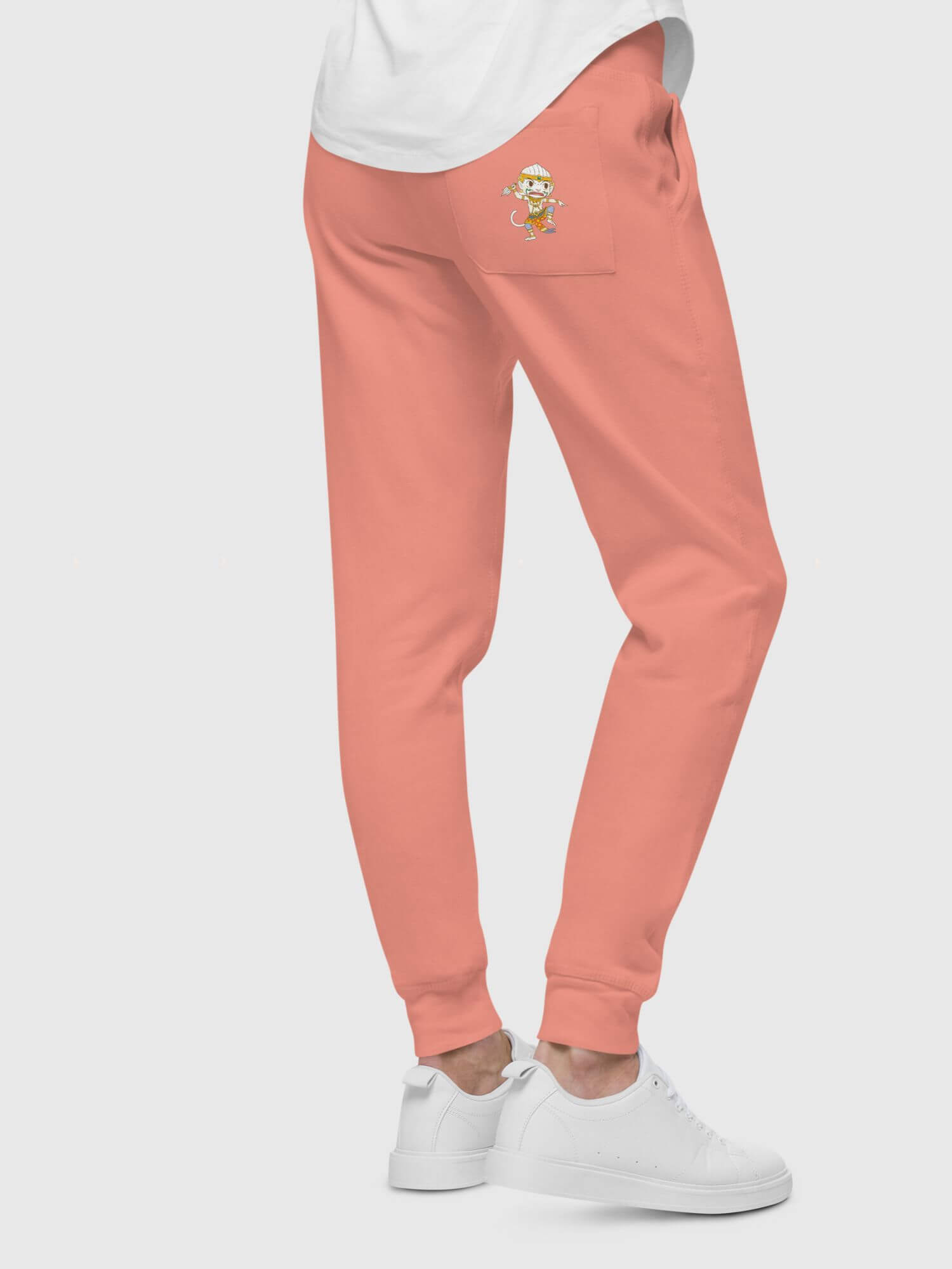 Thai Fleece Sweatpants   Genderful Unisex anywear Men’s Women’s everyday use relaxed fit elasticated high rise waist with drawcords, back right side patch pocket with Thai character in traditional dress dancing  and tapered full leg for man woman in Dusk rose pink Womens activewear running jogging pants Thailand Sportswear Joggers