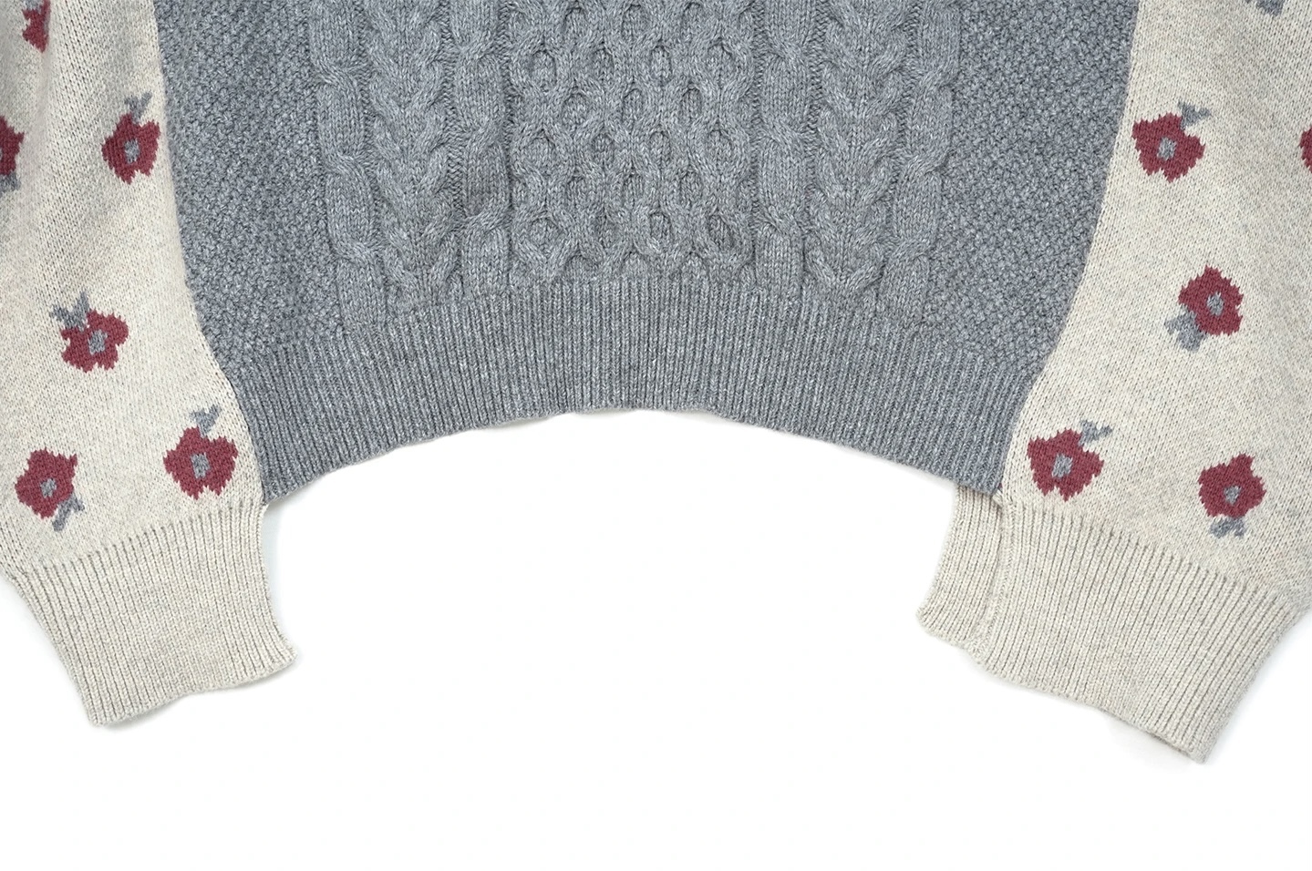 Cable Knit Sweater Cotton-Wool   Women’s Fall Autumn and Winter vintage cotton woolen designer sense Floral pattern long batwing sleeves crewneck tops for woman Fragmented fried dough twists splice womens round o-neck patchwork sweaters in gray grey multi beige crew neck flowers #244795