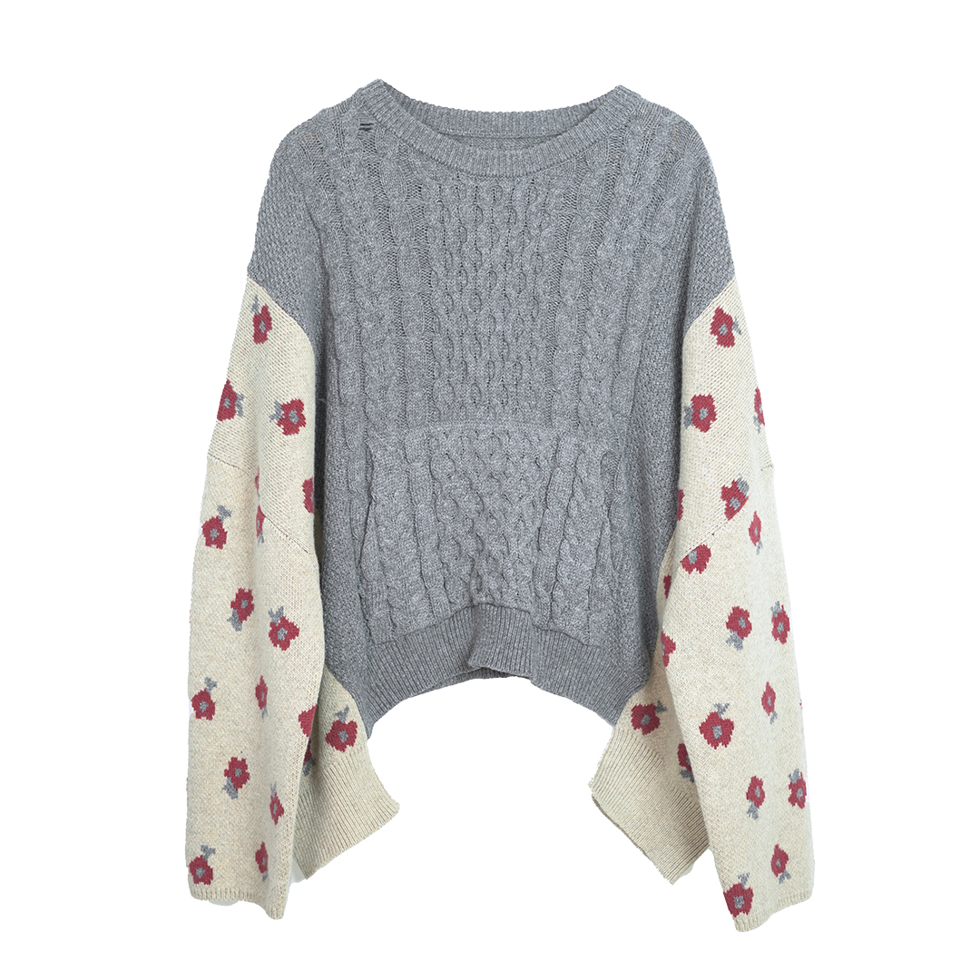 Cable Knit Sweater Cotton-Wool   Women’s Fall Autumn and Winter vintage cotton woolen designer sense Floral pattern long batwing sleeves crewneck tops for woman Fragmented fried dough twists splice womens round o-neck patchwork sweaters in gray grey multi beige crew neck flowers #244795