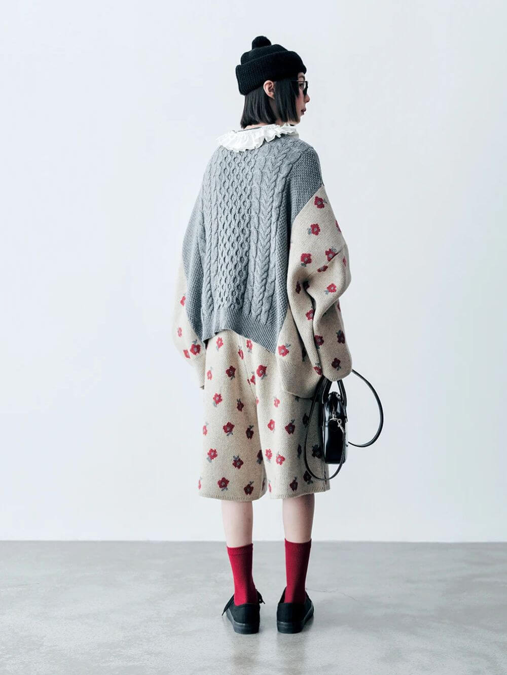 Cable Knit Sweater Cotton-Wool   Women’s Fall Autumn and Winter vintage cotton woolen designer sense Floral pattern long batwing sleeves crewneck tops for woman Fragmented fried dough twists splice womens round o-neck patchwork sweaters in gray grey multi beige crew neck flowers #244795