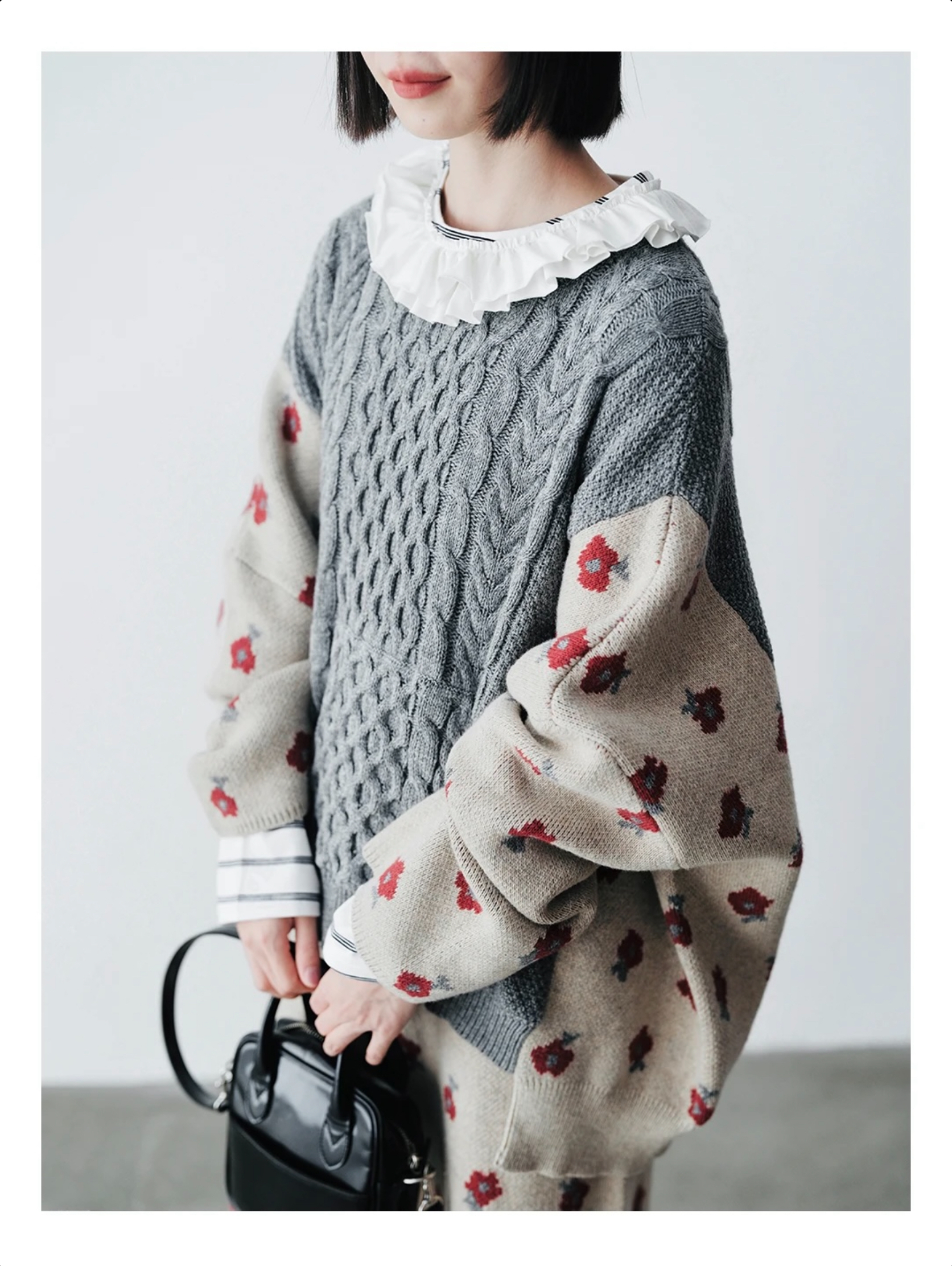 Cable Knit Sweater Cotton-Wool   Women’s Fall Autumn and Winter vintage cotton woolen designer sense Floral pattern long batwing sleeves crewneck tops for woman Fragmented fried dough twists splice womens round o-neck patchwork sweaters in gray grey multi beige crew neck flowers #244795