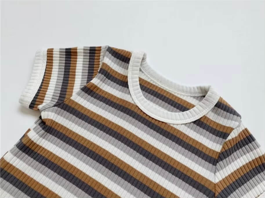 Summer 2 Pieces Toddler Infant Kid Baby Boy Clothes Sets Striped and Solid ribbed Soft Crewneck round o-neck Short Sleeves T-shirt Tops and Shorts 2-Piece set Summer outfits with tie-up bow Crew neck Clothing in brown mulitcolor