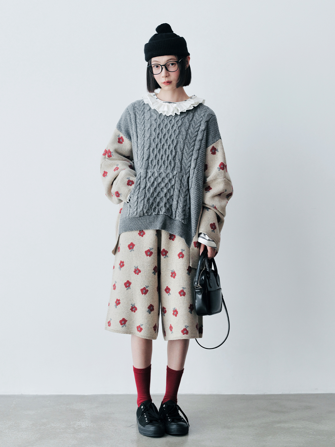 Cable Knit Sweater Cotton-Wool   Women’s Fall Autumn and Winter vintage cotton woolen designer sense Floral pattern long batwing sleeves crewneck tops for woman Fragmented fried dough twists splice womens round o-neck patchwork sweaters in gray grey multi beige crew neck flowers #244795