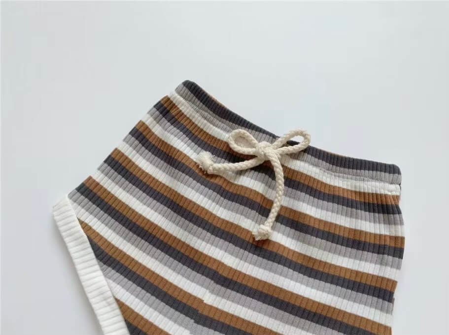 Summer 2 Pieces Toddler Infant Kid Baby Boy Clothes Sets Striped and Solid ribbed Soft Crewneck round o-neck Short Sleeves T-shirt Tops and Shorts 2-Piece set Summer outfits with tie-up bow Crew neck Clothing in brown mulitcolor