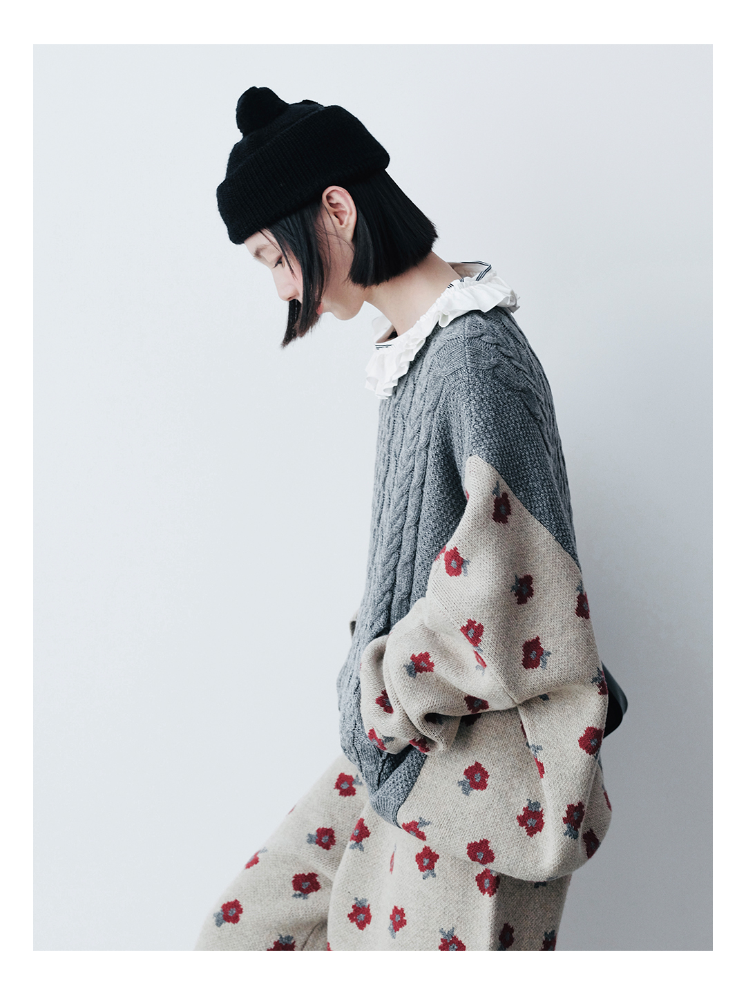 Cable Knit Sweater Cotton-Wool   Women’s Fall Autumn and Winter vintage cotton woolen designer sense Floral pattern long batwing sleeves crewneck tops for woman Fragmented fried dough twists splice womens round o-neck patchwork sweaters in gray grey multi beige crew neck flowers #244795