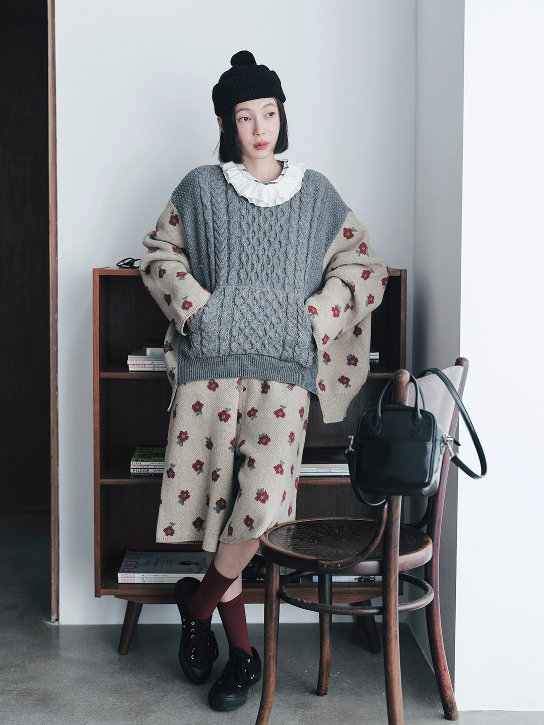 Cable Knit Sweater Cotton-Wool   Women’s Fall Autumn and Winter vintage cotton woolen designer sense Floral pattern long batwing sleeves crewneck tops for woman Fragmented fried dough twists splice womens round o-neck patchwork sweaters in gray grey multi beige crew neck flowers #244795