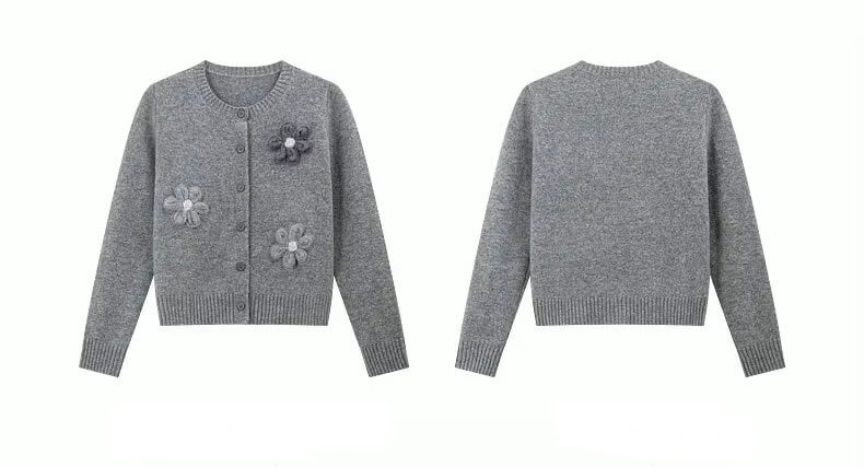 Women’s woman womens petite-, tall-, plus-, size Office wfh workwear Gray Knit 3D Floral flowers Embroidery Fall Autumn Winter Spring Crewneck Long Sleeves Sweaters Sweet Fashion Jumpers Cardigans in grey