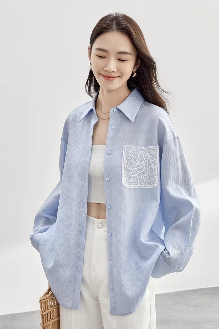 Embroidered Cotton Shirt     Women’s casual spring turn-down collar single breasted commute office wfh workwear rippled striped blouses for woman in light sky blue  Womens long sleeves with dropped shoulders and wide stripes ripples button cuff chest patch pocket with white embroidery pattern shirts #151C58119