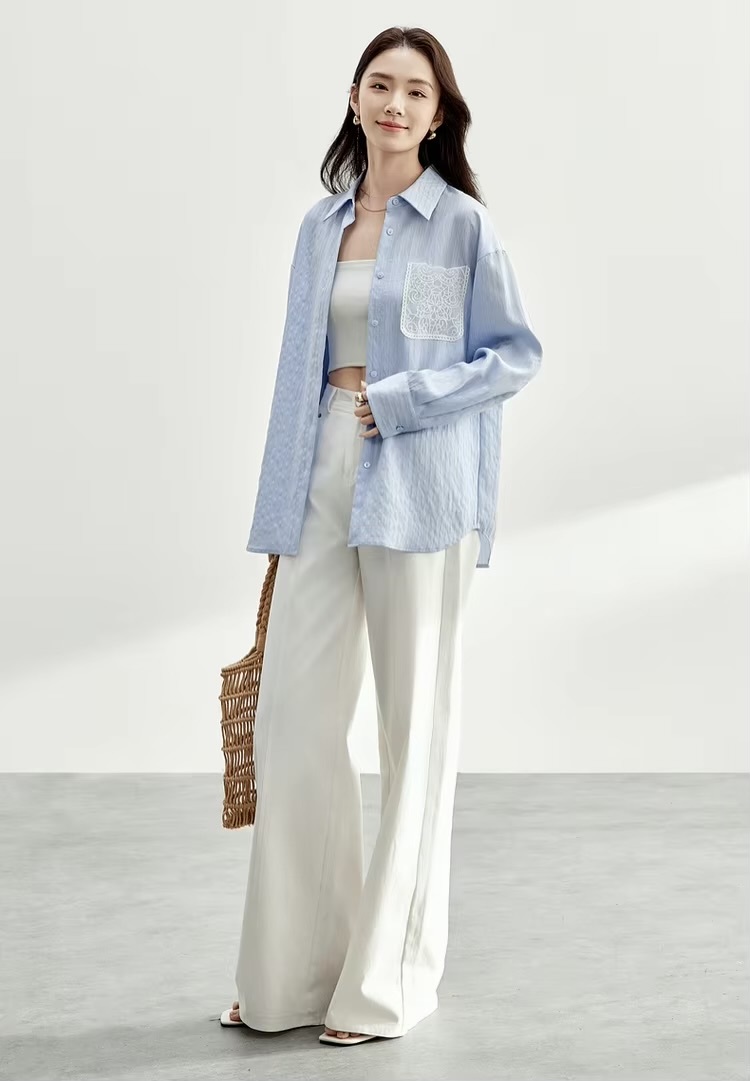 Embroidered Cotton Shirt     Women’s casual spring turn-down collar single breasted commute office wfh workwear rippled striped blouses for woman in light sky blue  Womens long sleeves with dropped shoulders and wide stripes ripples button cuff chest patch pocket with white embroidery pattern shirts #151C58119