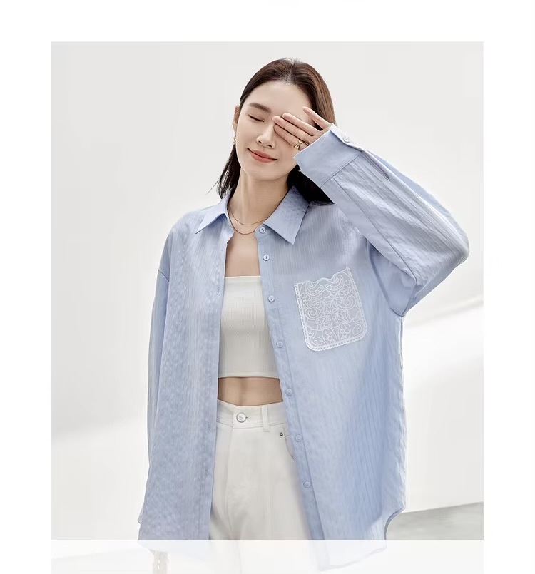 Embroidered Cotton Shirt     Women’s casual spring turn-down collar single breasted commute office wfh workwear rippled striped blouses for woman in light sky blue  Womens long sleeves with dropped shoulders and wide stripes ripples button cuff chest patch pocket with white embroidery pattern shirts #151C58119