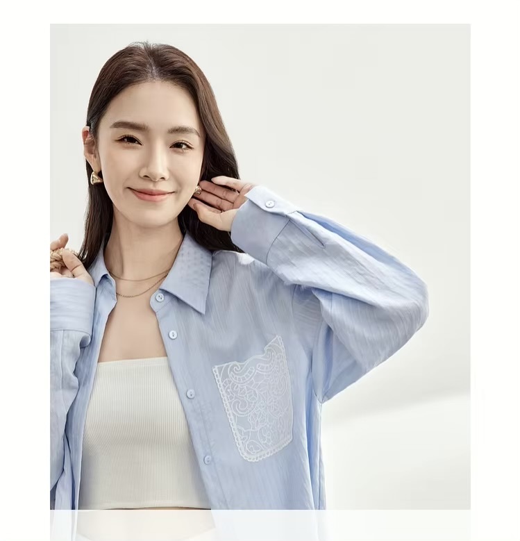 Embroidered Cotton Shirt     Women’s casual spring turn-down collar single breasted commute office wfh workwear rippled striped blouses for woman in light sky blue  Womens long sleeves with dropped shoulders and wide stripes ripples button cuff chest patch pocket with white embroidery pattern shirts #151C58119