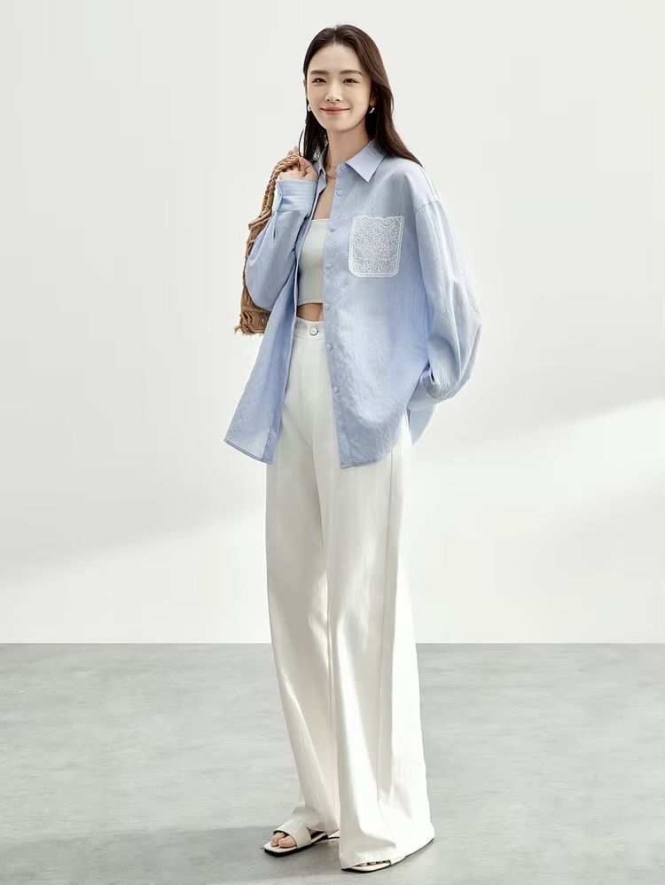 Embroidered Cotton Shirt     Women’s casual spring turn-down collar single breasted commute office wfh workwear rippled striped blouses for woman in light sky blue  Womens long sleeves with dropped shoulders and wide stripes ripples button cuff chest patch pocket with white embroidery pattern shirts #151C58119