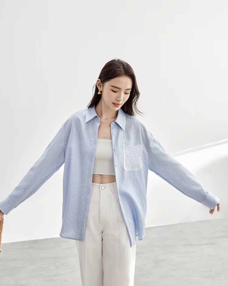Embroidered Cotton Shirt     Women’s casual spring turn-down collar single breasted commute office wfh workwear rippled striped blouses for woman in light sky blue  Womens long sleeves with dropped shoulders and wide stripes ripples button cuff chest patch pocket with white embroidery pattern shirts #151C58119