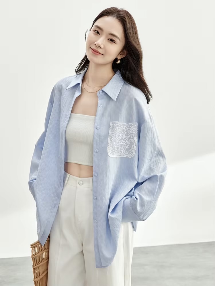 Embroidered Cotton Shirt     Women’s casual spring turn-down collar single breasted commute office wfh workwear rippled striped blouses for woman in light sky blue  Womens long sleeves with dropped shoulders and wide stripes ripples button cuff chest patch pocket with white embroidery pattern shirts #151C58119
